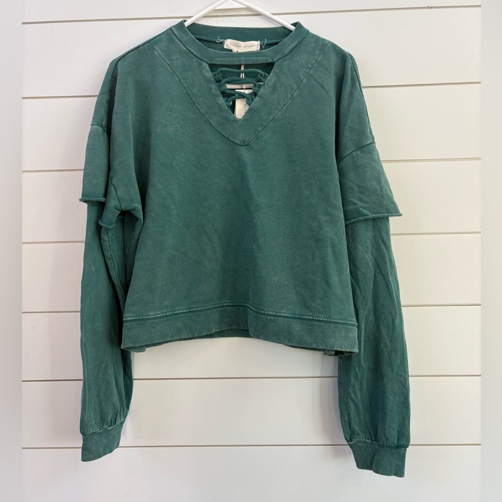Gilded Intent Teal Sweatshirt with V-Neck Detail